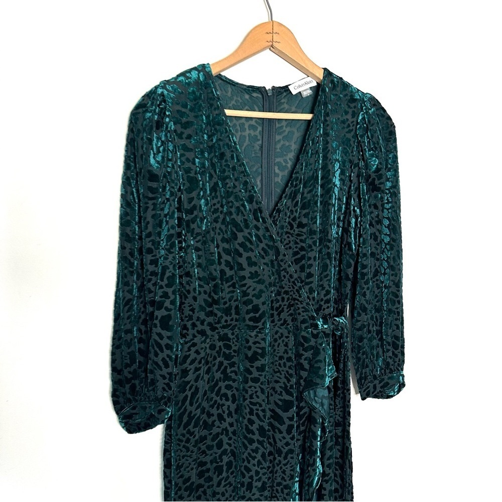 Calvin Klein | Dark Green Burnout Velvet Puff-Sleeve Dress Size 8 - Picture 3 of 12